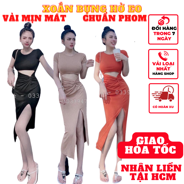 Váy đầm xẻ tà xoắn eo hở bụng khoe body nữ tay ngắn tôn dáng màu trắng đen sang chảnh dự tiệc tôn dáng-VD171