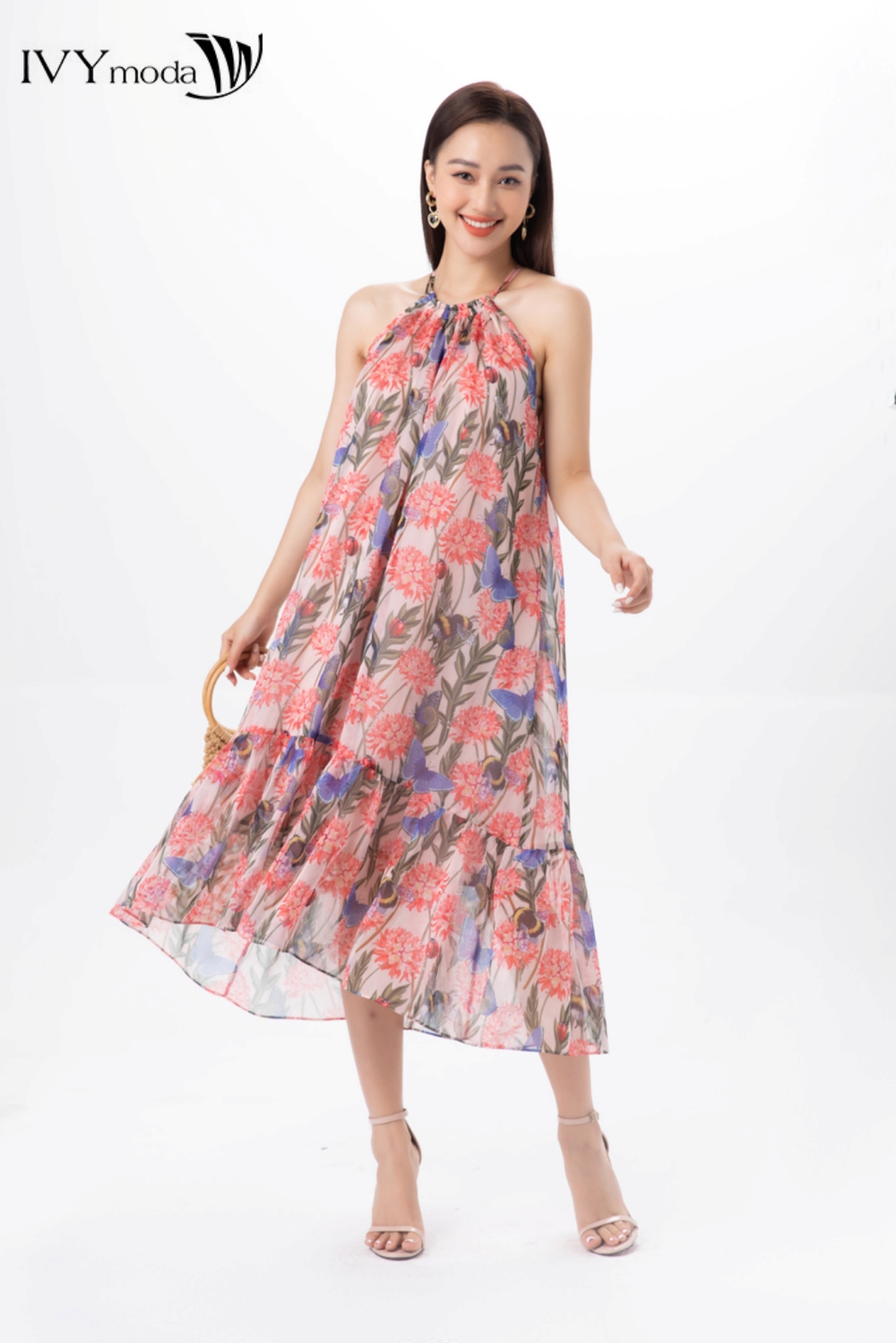 Đầm lụa cổ yếm phối dây sau ivy moda ms 41m7496