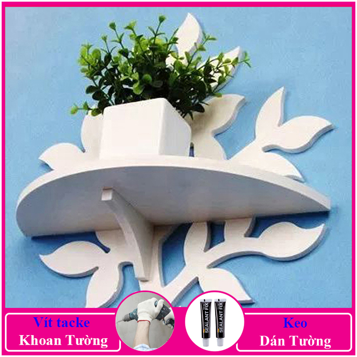 Kệ treo tường trang trí không cần khoan hình cành cây, chất liệu gỗ Pitech cao cấp màu trắng