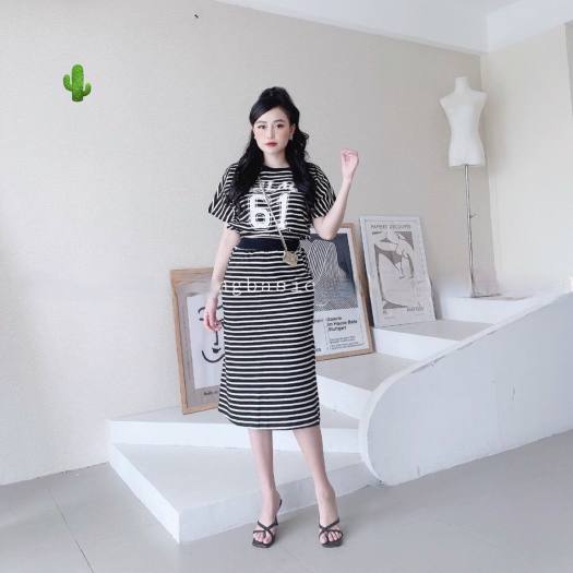 Set bộ đồ nữ áo thun phối trơn phối viền mix chân váy ôm body sọc ngang  xinh xắn dành cho các nàng | Shopee Việt Nam
