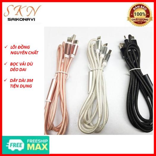 Cáp sạc USB dài 3m ,Dây sạc IPhone, Android dài 3M bọc dù,Dây Cáp Sạc Dù Dành Cho Tất Cả Các Dòng Điện Thoại Dài 3M.