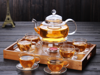 Bộ ấm trà thủy tinh cao cấp, bộ cốc thủy tinh chịu nhiệt cao cấp kèm khay đựng