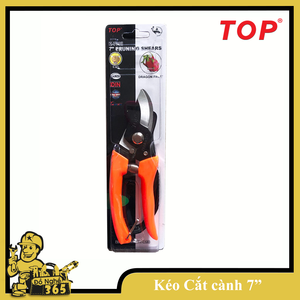 Kéo cắt cành kiểu Nhật 7" mỏ cong thép đen hiệu TOP -, kéo nhỏ gọn thích hợp hái quả tỉa cành chuyên làm vườn thu hoạch mùa và cắt vật liệu mềm gia dụng gia đình