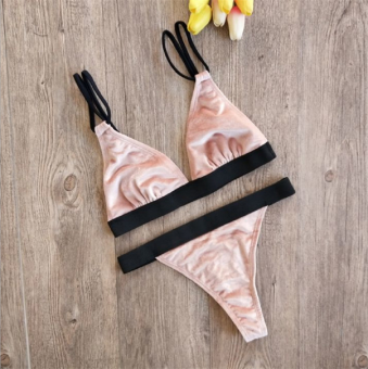 Women Plush Bikini Set, Stitching Color Swimwear, Sexy Deep V  Neck Swimsuit, Female Bathing Suit, Vintage Beach Wear S size