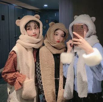 Mũ Trùm Đầu Tai Gấu Liền Khăn Cực Ấm