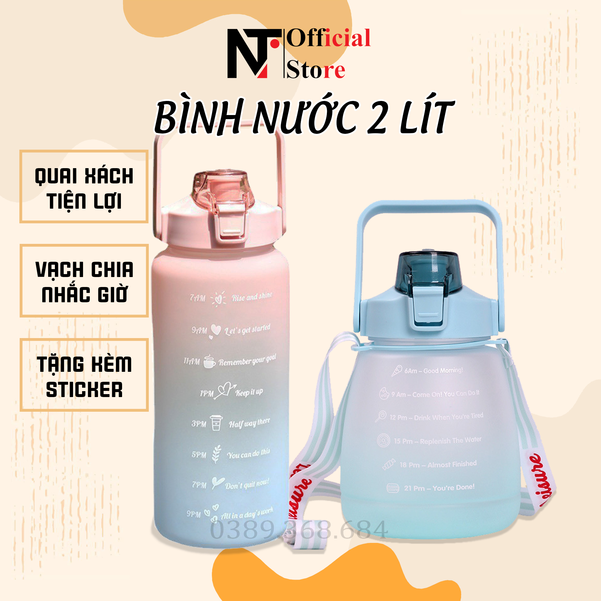 Bình nước 2 lít có quai xách tặng kèm sticker dễ thương, bình uống nước 1200ml có vạch nhắc giờ