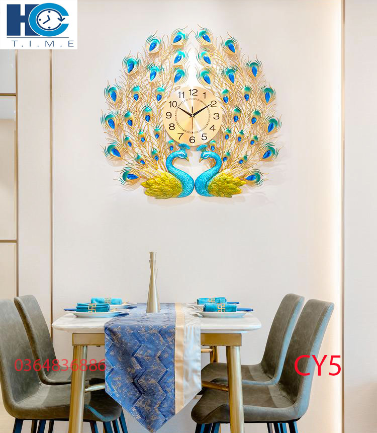 Đồng hồ treo tường trang trí decor chim công CY5 Khổng Tước xanh kích thước 65  x 65 cm