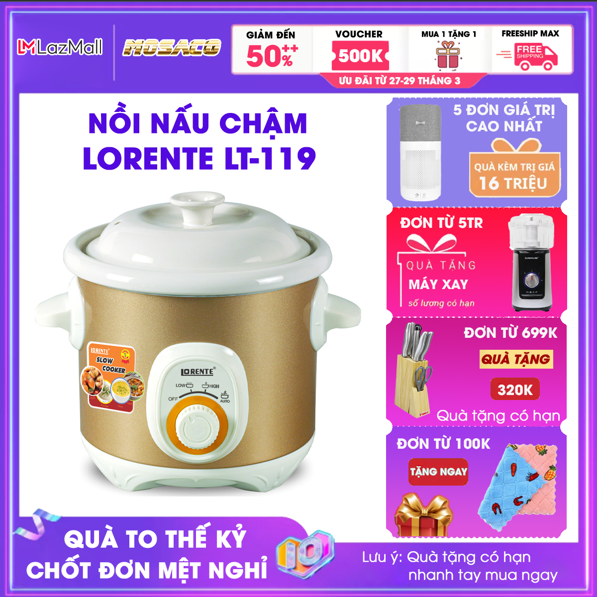 Nồi nấu chậm đa năng 2,5L cao cấp Lorente LT-119 công suất 180W thời gian nấu từ 6 tới 24 tiếng. Nồi nấu lòng nồi dày, bền bỉ giúp giữ nhiệt tốt hơn và cung cấp nhiệt ổn định trong quá trình nấu, dễ dàng vệ sinh - MOSACO