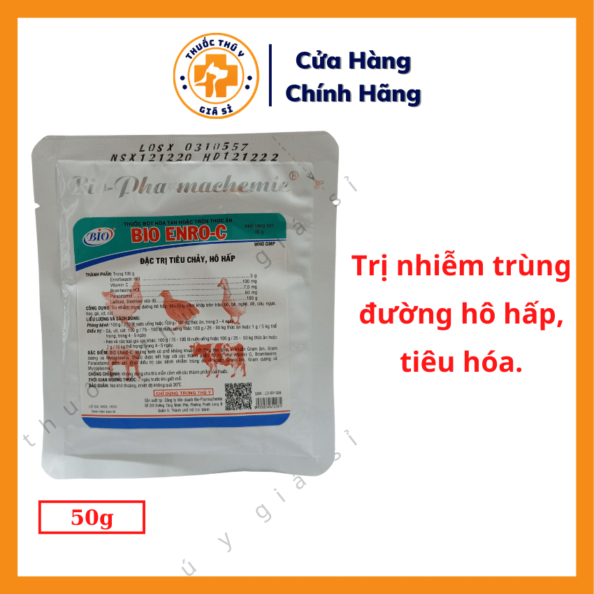 "Hoàn tiền đến 10%" Bio Enro C 50g - Trị Bệnh Tiêu Chảy, Hô Hấp, Viêm Khớp Ở Gà, Vịt, Cút, Heo, Gia Súc - Thú Y Giá Sỉ