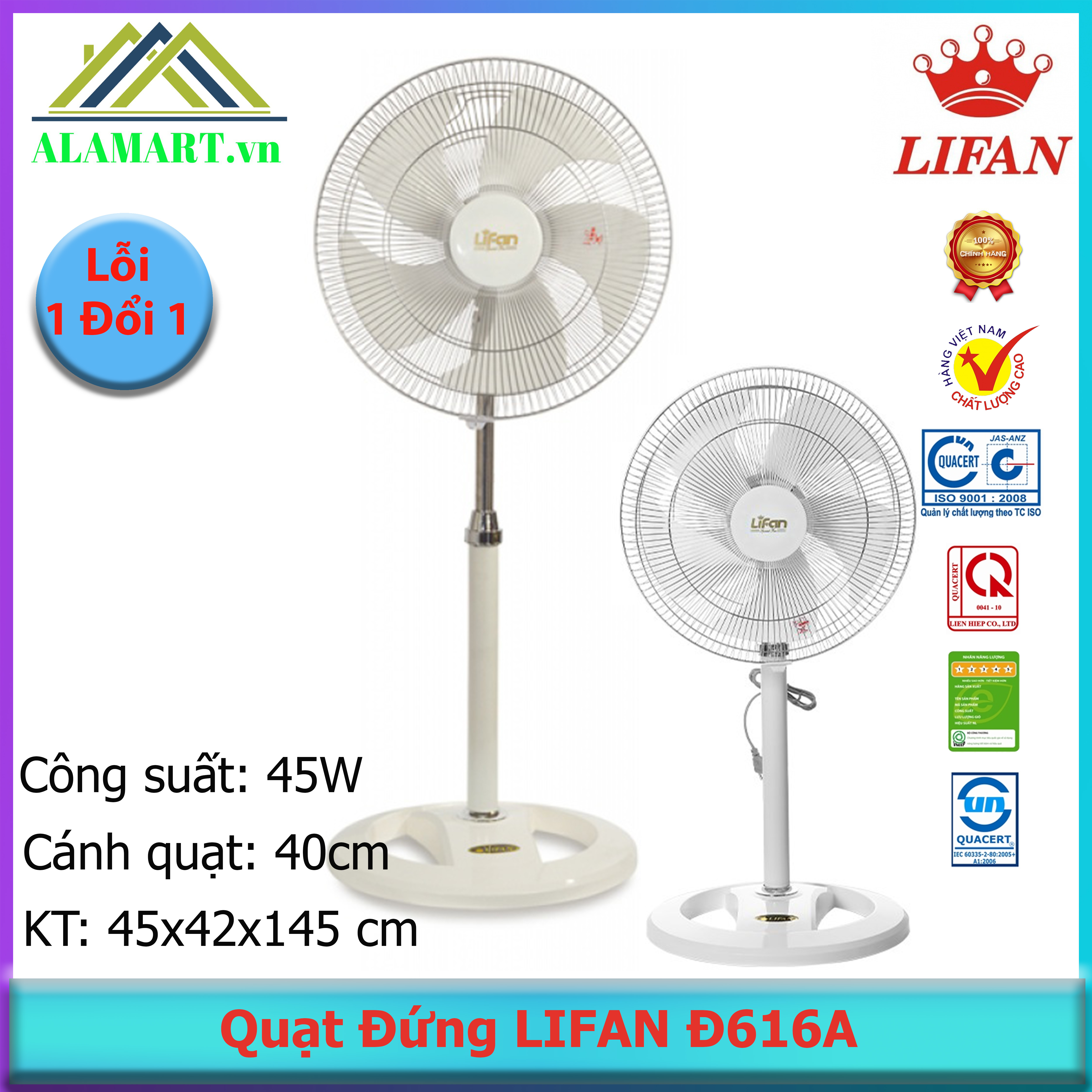 Quạt Đứng Lifan Đ-616A , sải cánh 45cm sử dụng văn phòng, phòng khách, phòng ngủ