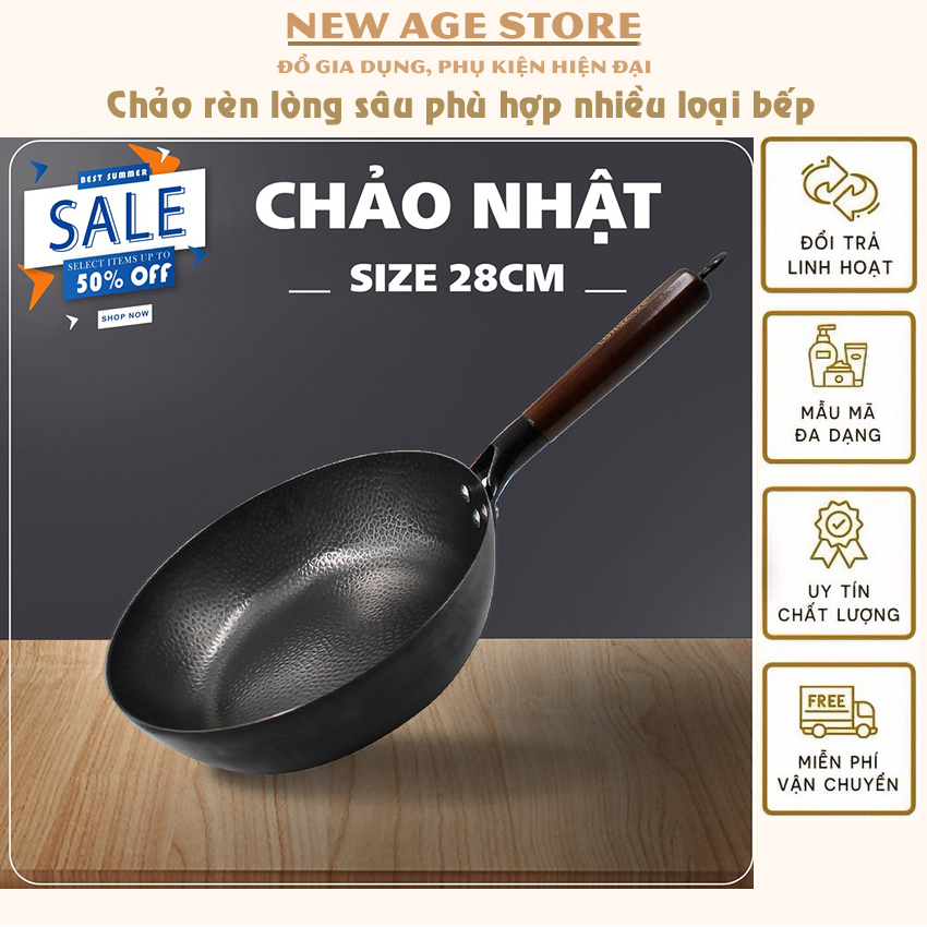 Chảo rèn không tráng kiểu Nhật size 18cm - Chảo lòng sâu chống dính cán gỗ phù hợp cho các loại bếp