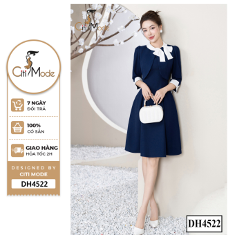 Đầm công sở CITI MODE FASHION thiết kế dáng xoè phối áo ngoài xanh cổ nơ trắng DH4522