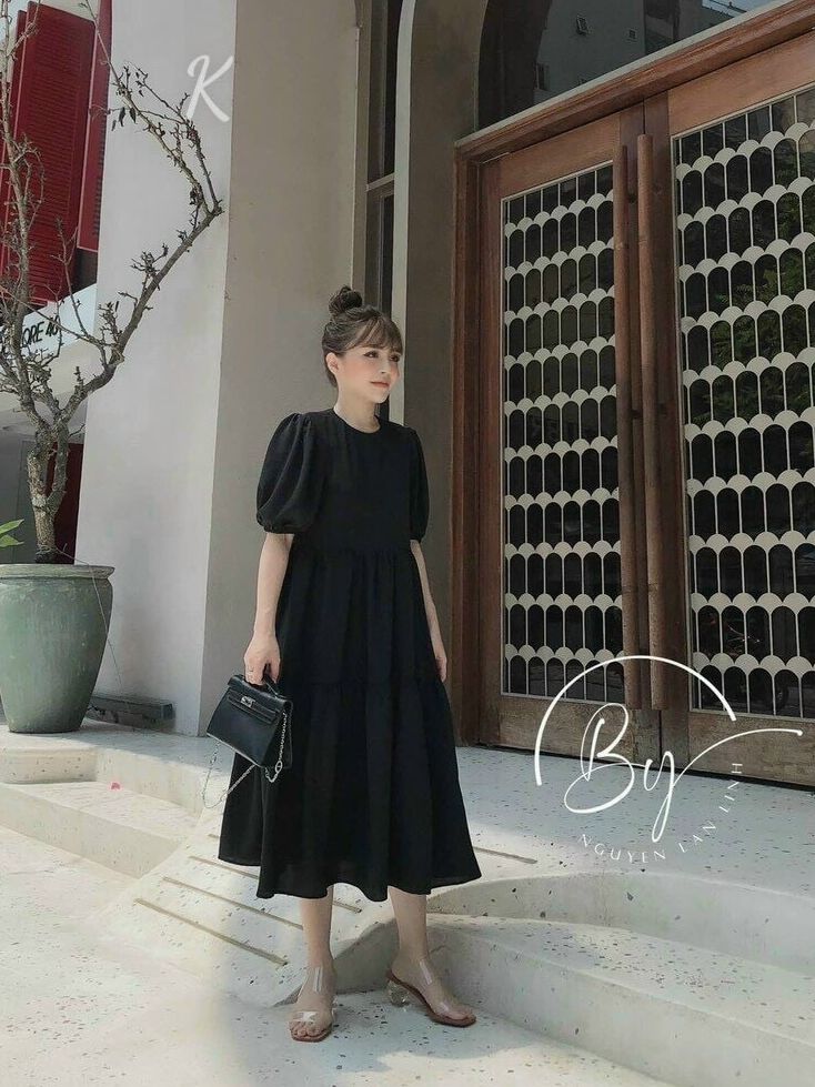 Đầm maxi hai màu đen nâu đầm xòe vintage cổ tròn đầm tay ngắn đơn giản đầm xòe dài dễ thương