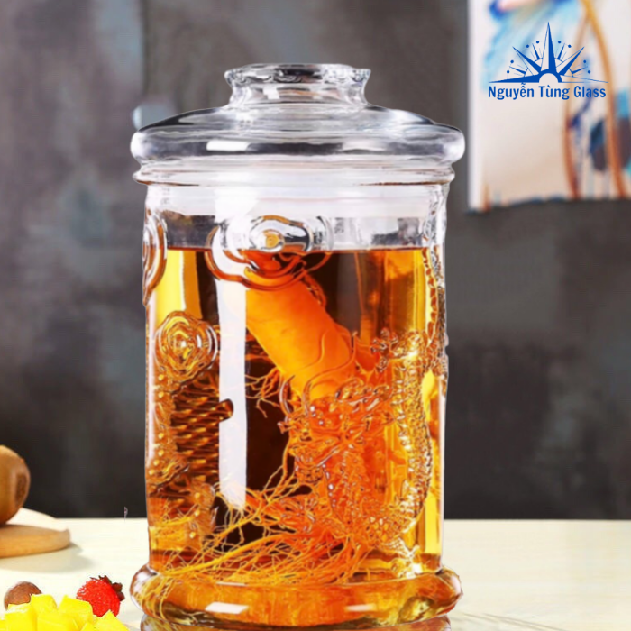 Bình ngâm rưou sâm thủy tinh 6 lít hoa văn rồng - không vòi