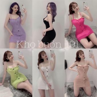 Đầm Body Nữ - Váy 2 Dây Viền Bèo Ngực Phối Cúc