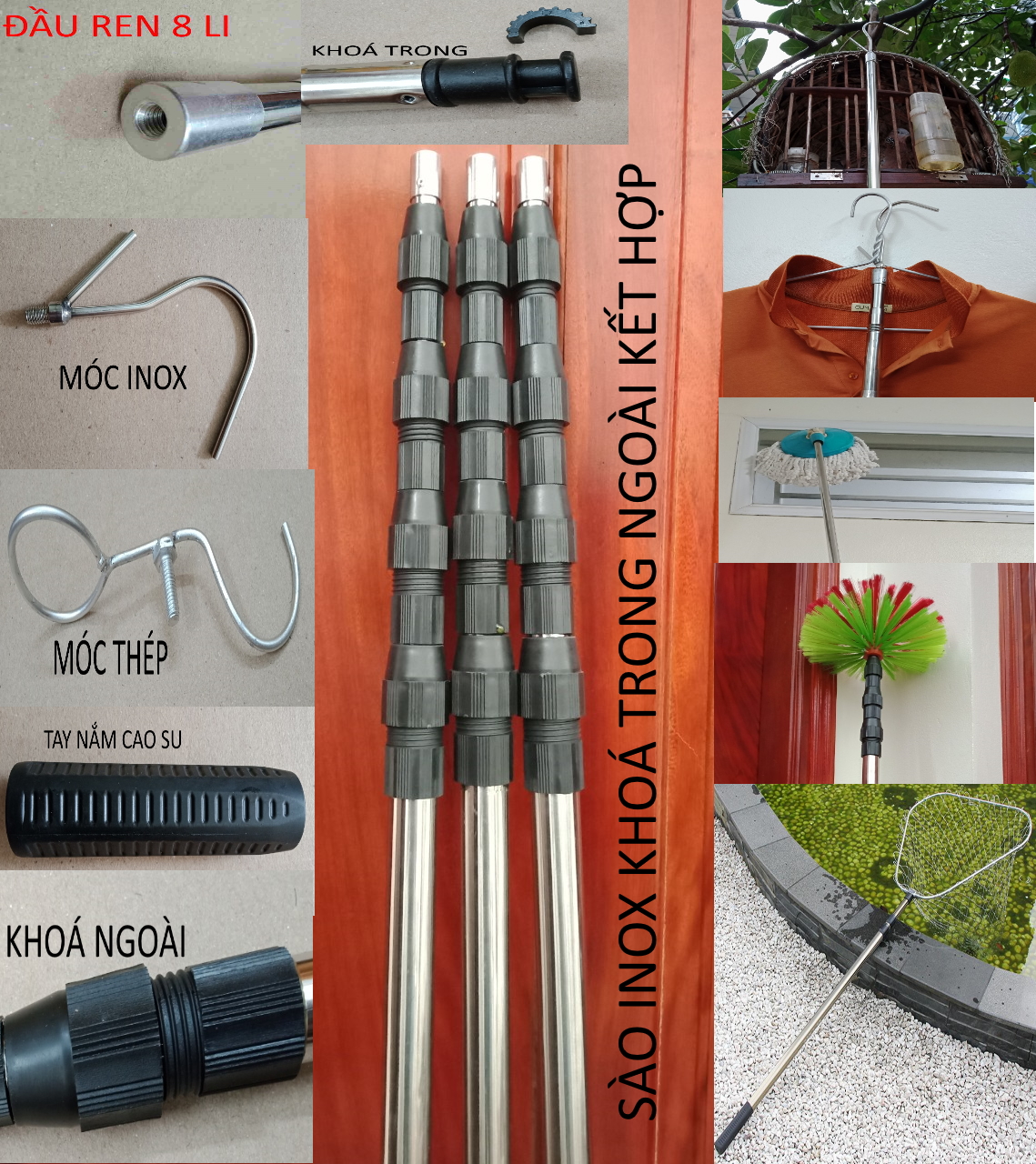 [ĐỦ KÍCH CỠ]Sào rút inox đa năng,gậy kéo dài như ý,kéo ra thu gọn.móc cành cây,lấy quả trên cao,phơi đồ,treo lồng chim,quét mạng nhện,vợt cá