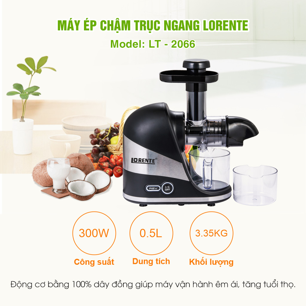 Máy ép chậm trục ngang mới 2022 - máy ép chậm trái cây hoa quả ép rau má, cỏ lúa mì, cần tây - slow juicer lorente lt2066 - 300w - máy khoẻ, bã khô, dễ vệ sinh tháo lắp