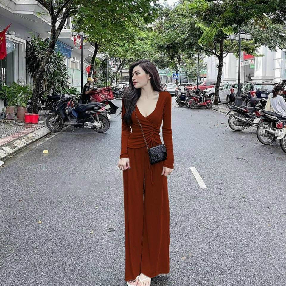 Sét bộ áo ôm tay dài rút eo 1 bên thun gân đẹp