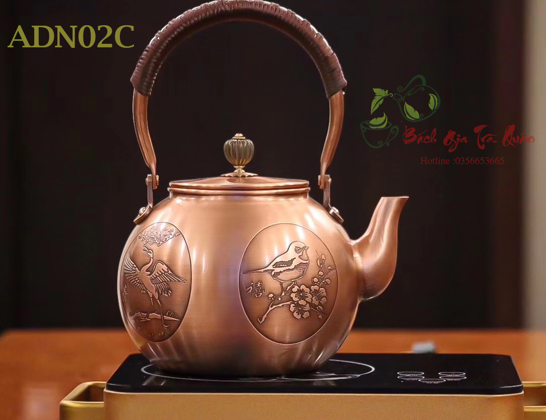 Ấm Đun Nước Đồng Đỏ Nguyên Chất - Họa Tứ Quý - Dung Tích 1200ml