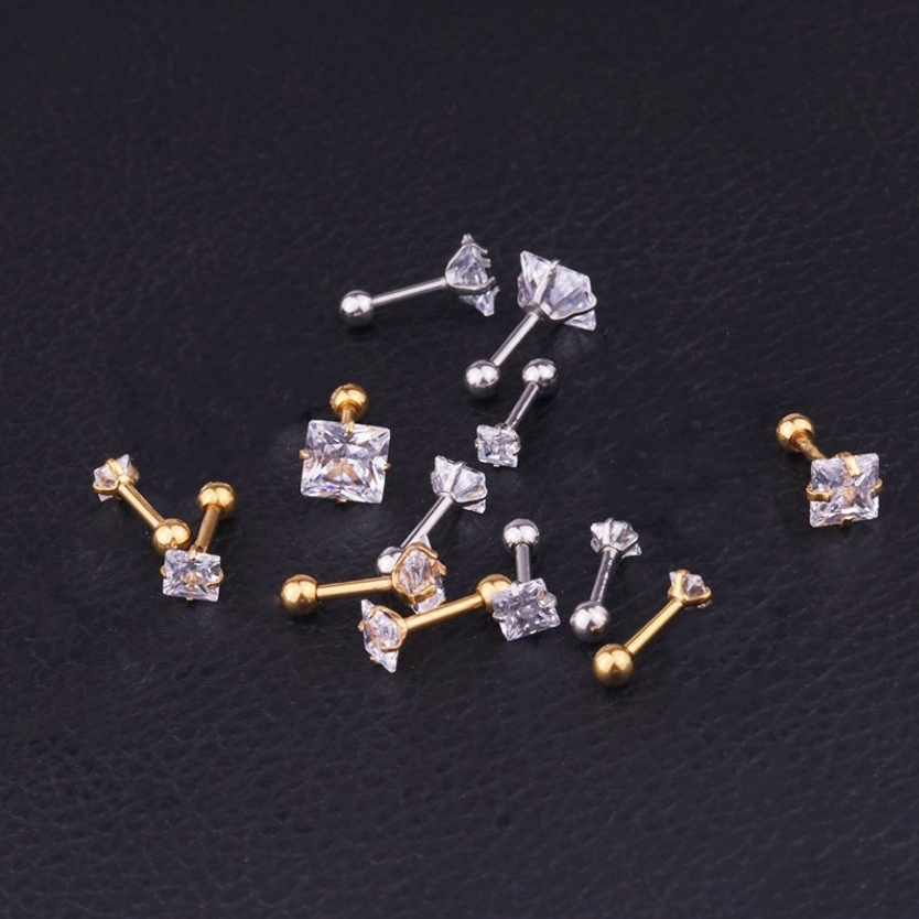 Bông tai titan nữ đính đá hình vuông 3 mm 4 mm 5 mm 6 mm lấp lánh