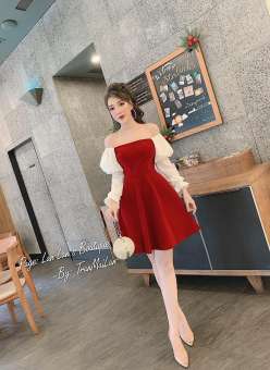 Đầm Trễ Vai Cúp Ngực Tay Bồng Cao Cấp