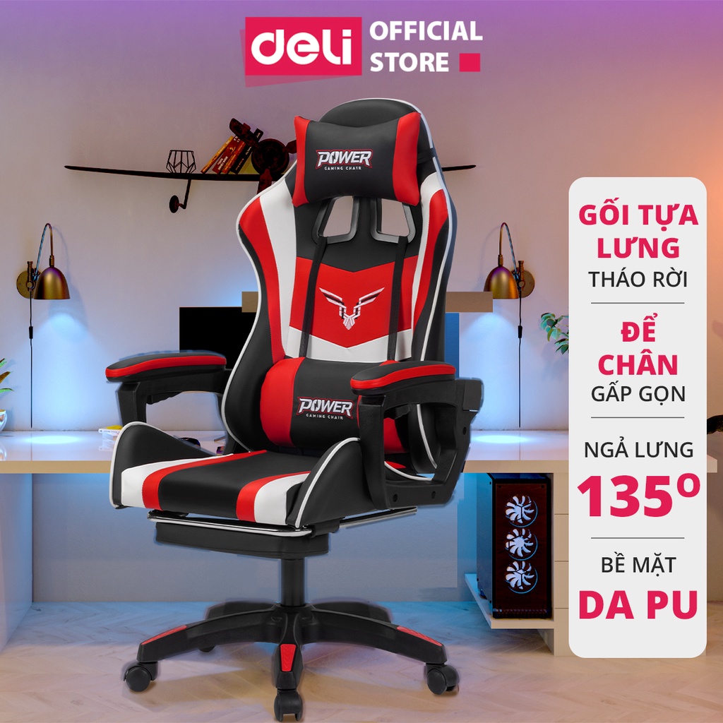 Ghế gaming Deli - Dành cho streamer, game thủ chuyên nghiệp tựa đầu, gác chân, nâng hạ ngả lưng - E4