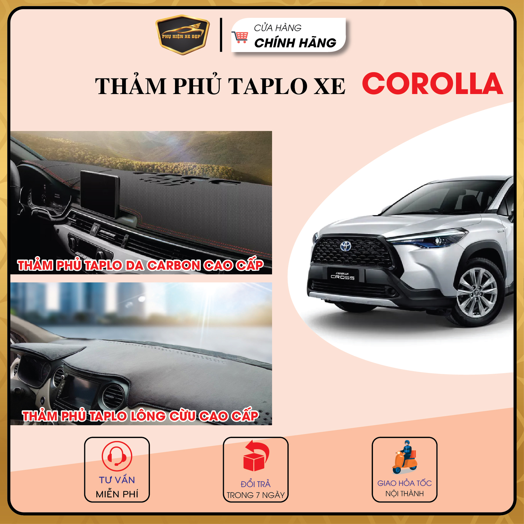 Thảm taplo XE COROLLA-CROSS lông cừu hoặc da vân cacbon, thảm phủ taplo, taplo cacbon
