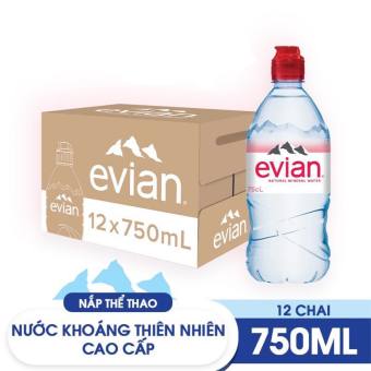 Thùng 12 chai nước khoáng thiên nhiên Evian 750ml (750ml x 12) - Nắp thể thao