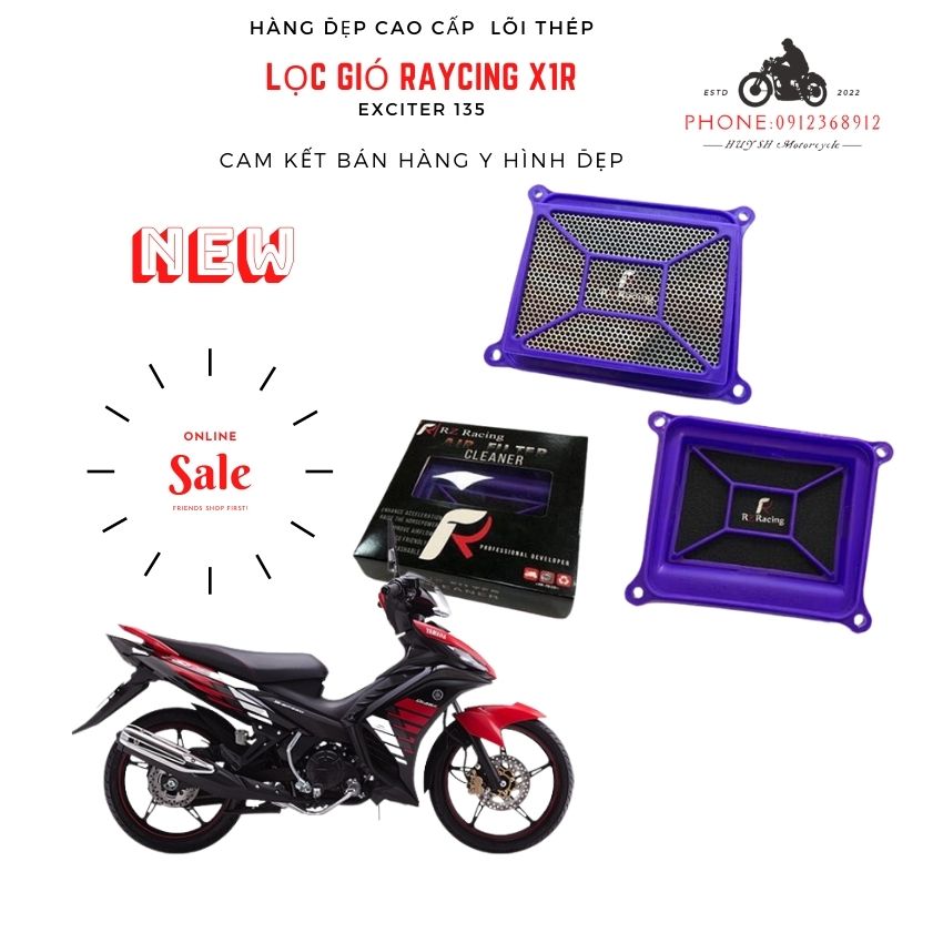 Lọc gió racing cho exciter 135 chính hãng x1r, lọc gió exciter 135 độ, lọc gió zin ex135