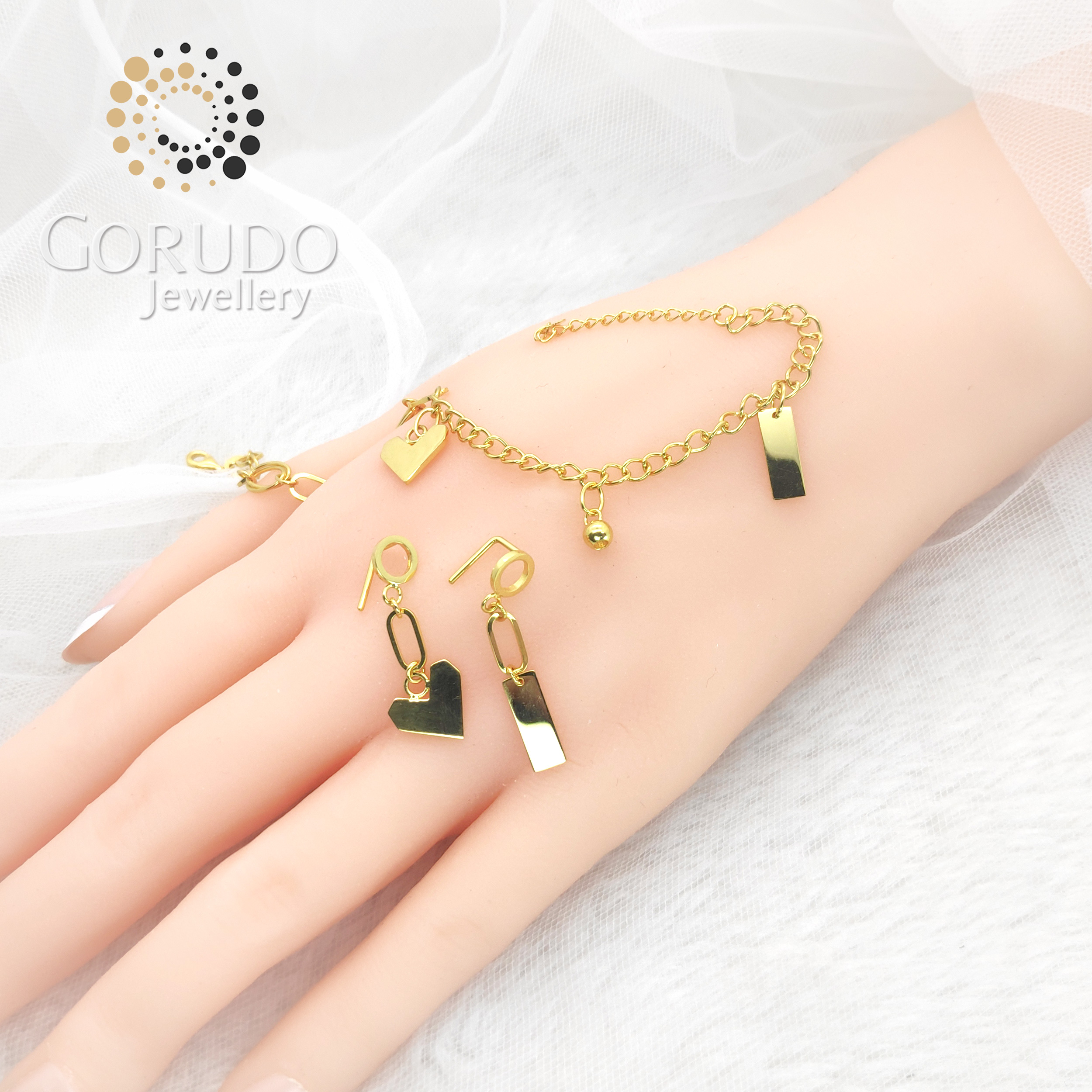Gorudo Jewellery in oro puro 999 con cuore + sfera + barra bi-braccialetto/orecchino/catena (set di gioielli)