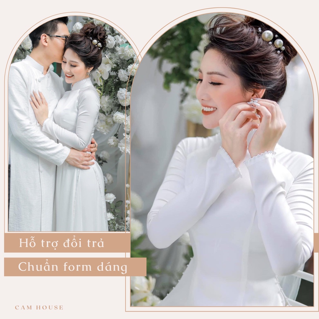 Áo dài trắng cô dâu 4 tà lụa ngọc trai, áo dài cưới