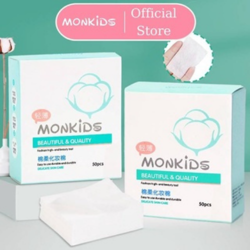 Bông tẩy trang 50 miếng MONKIDS cotton tự nhiên đắp toner mỏng mềm mại bám dính chất tẩy trang tốt