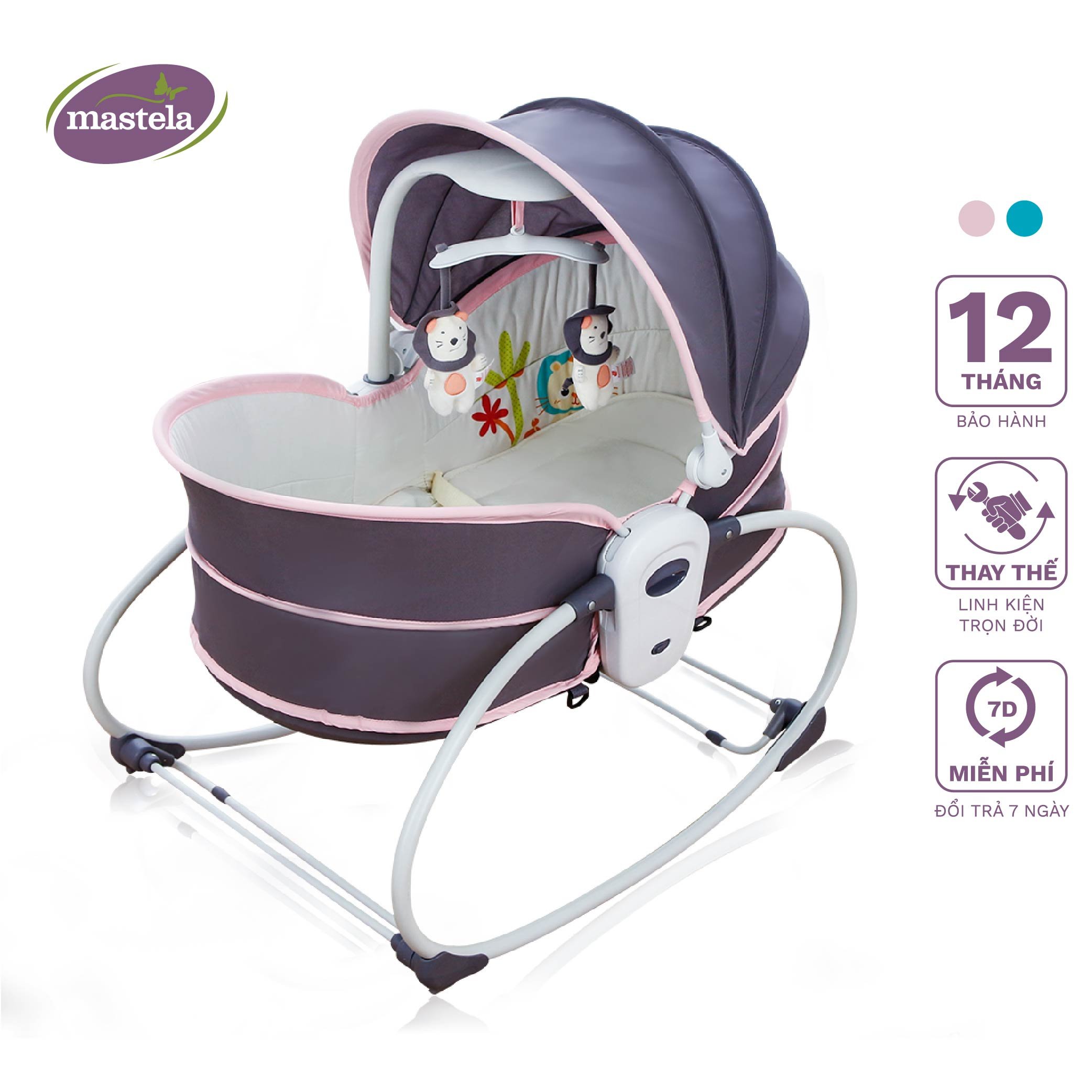 Nôi cho trẻ sơ sinh - Nôi rung bập bênh kiêm nôi xách tay và ngủ chung giường bố mẹ cho bé 5 trong 1 tích hợp Nhạc trắng ru ngủ Mastela 6033/6037