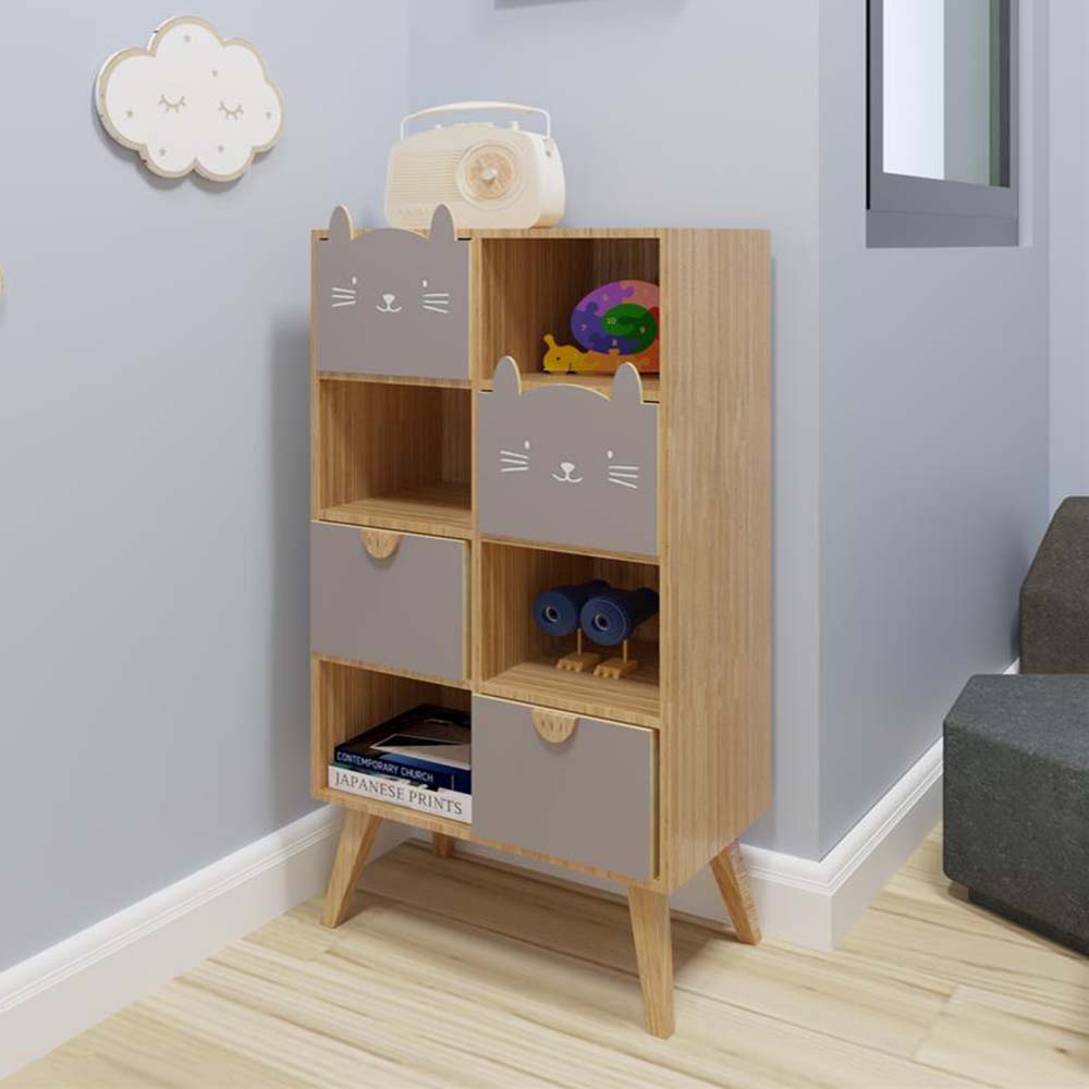 HomeBase FURDINI Kệ Tủ gỗ bằng MDF cho trẻ em 4 ngăn mở và 4 ngăn kéo W24xH84,5xD24cm màu tự nhiên/xám