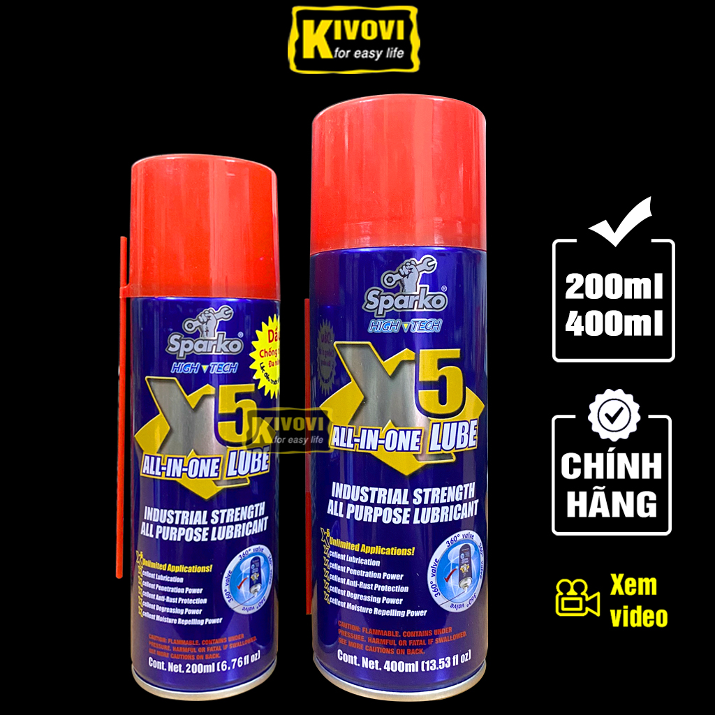 Chai Xịt Chống Rỉ Sét Và Bôi Trơn CHÍNH HIỆU SPARKO X5 400ml - Bình Xịt Tẩy Rỉ Sét  Xích Xe Đạp, Xe Máy,Ô Tô, Quạt, Động Cơ, Vòng Bi, Máy May - Kivovi