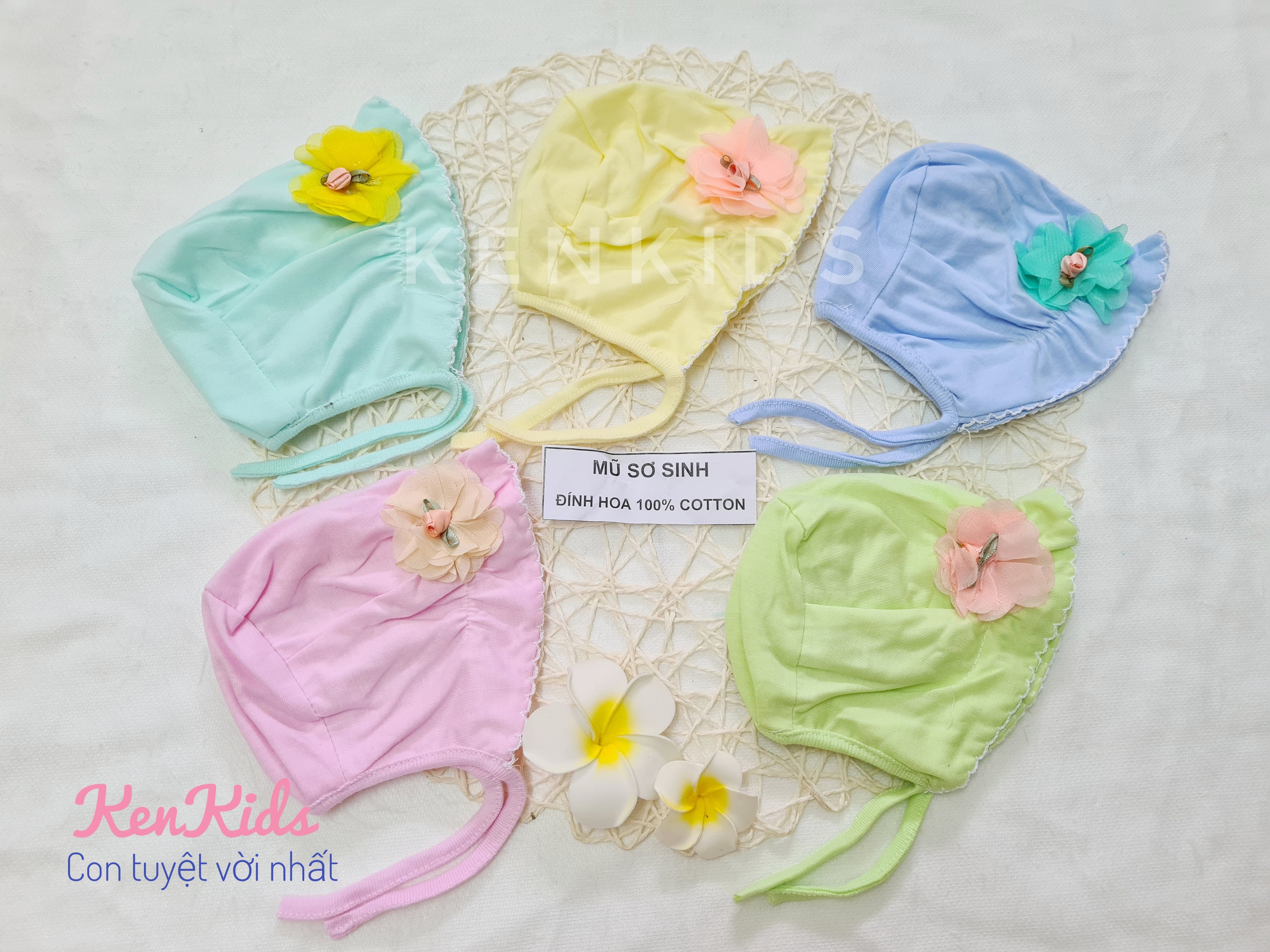 Nón mũ bèo sơ sinh đính hoa 100% cotton mềm có dây buộc cho bé gái