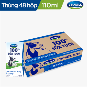Sữa tươi tiệt trùng Vinamilk 100% ít đường - Thùng 48 hộp 110ml