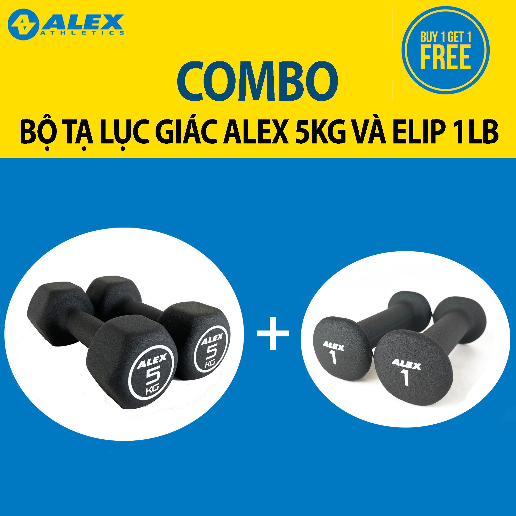 BUY 1 GET 1 COMBO 2 Bộ Tạ Tay Lục Giác ALEX 5Kg Và Elip ALEX 1LB, Lõi Gang Đặc Bọc Cao Su Cao Cấp Đài Loan Chính Hãng