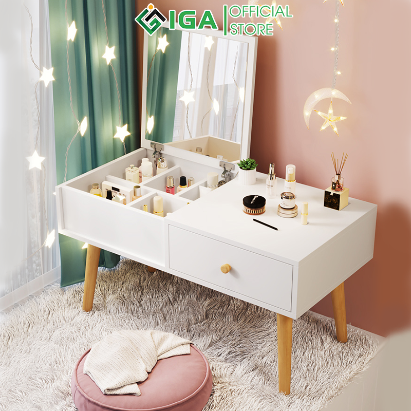 Bàn trang điểm, bàn phấn ngồi bệt kèm gương có ngăn kéo đựng mỹ phẩm tiện lợi (NÚM TRẮNG) - GP143