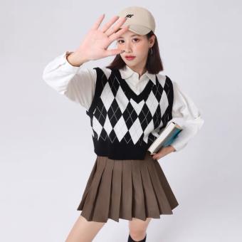 EIGHTYK Áo Gile Len Dệt Kim Croptop  Phối Họa Tiết Hình Thoi Đen Trắng Hottrend