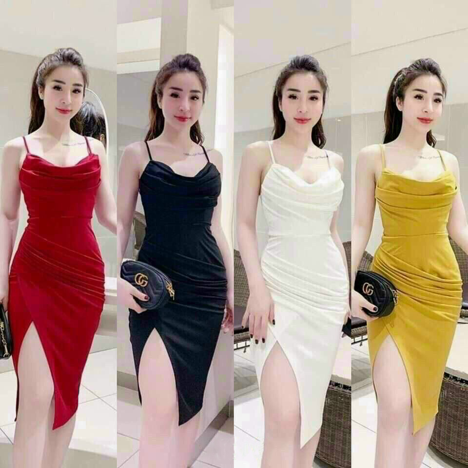 [Hàng Hot] Đầm Váy Nữ Ôm Body 2 Dây Cổ Đổ Xẻ Tà Thời Trang Kiểu Cách Đi Chơi, Đi Dự Tiệc D.ONE FASHION, Mẫu Free Size (40-55Kg) Mặc Vừa