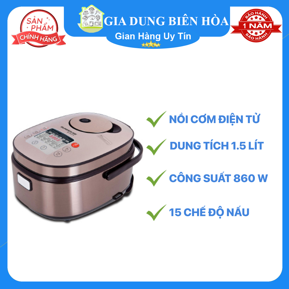Nồi cơm điện tử Sunhouse mama 1,5 lít SHD8915-Số người ăn 2-4 người- Công suất:860W-Lòng nồi dày:442mm-Hợp kim nhôm phủ chống dính