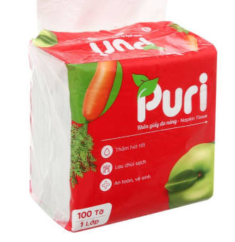 Gói 100 tờ khăn giấy ăn Puri không mùi 1 lớp - giao màu ngẫu nhiên