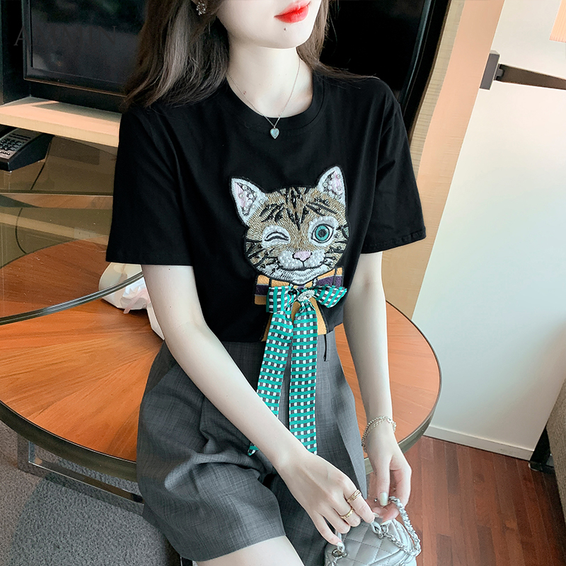 Ammin áo thun cotton rộng thiết kế hình động vật đính kim cương sáng đính đá đơn giản thời trang cổ tròn đơn giản mới mùa hè 2022 áo cánh thanh lịch có nơ tay ngắn phong cách hàn quốc cho nữ áo phong cách instagram cho nữ
