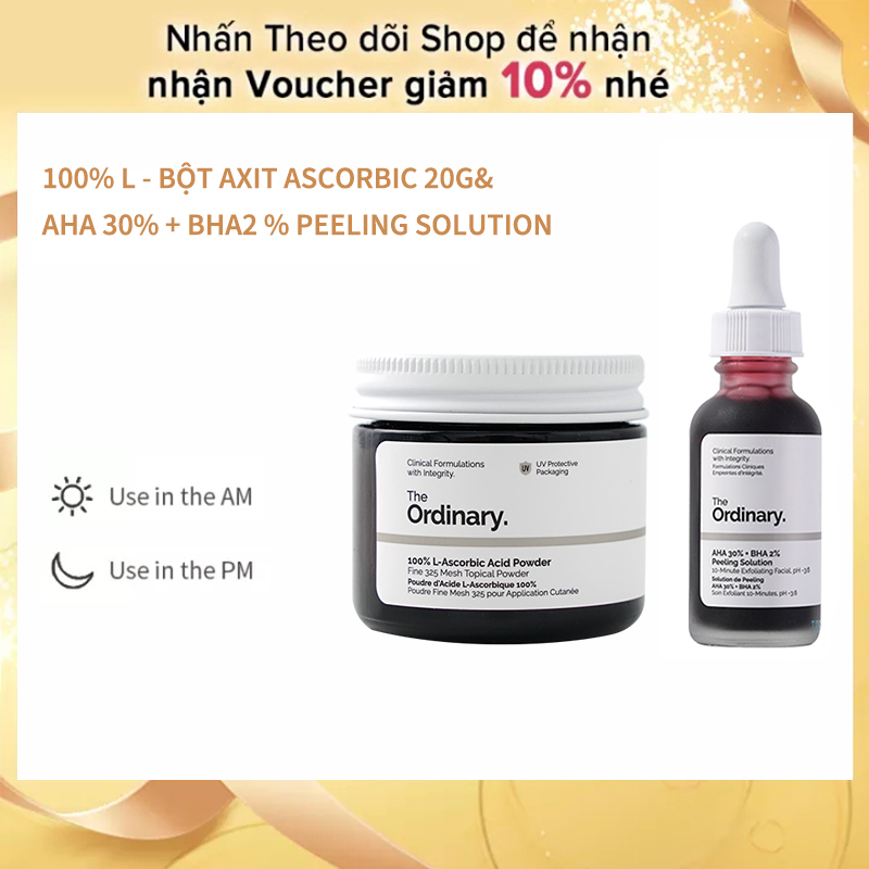 The ordinary dưỡng da essence 100% l-ascorbic acid powder 20g & aha 30% + bha 2% peeling solution - 30ml, dưỡng trắng da căng bóng mụn