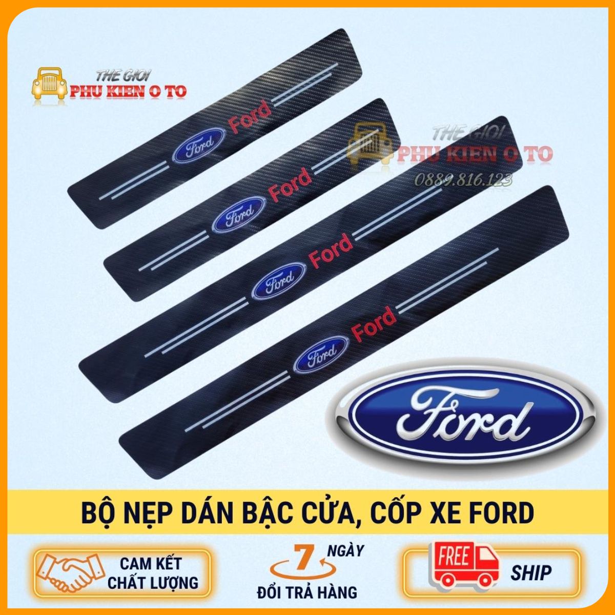 FORD - Bộ Miếng Dán Chống Trầy Xước Có Logo Hãng FORD Bảo Vệ Bậc Cửa Và Cốp Xe Hơi, Xe Ô Tô Chất Liệu Sợi Cacbon Bền Đẹp
