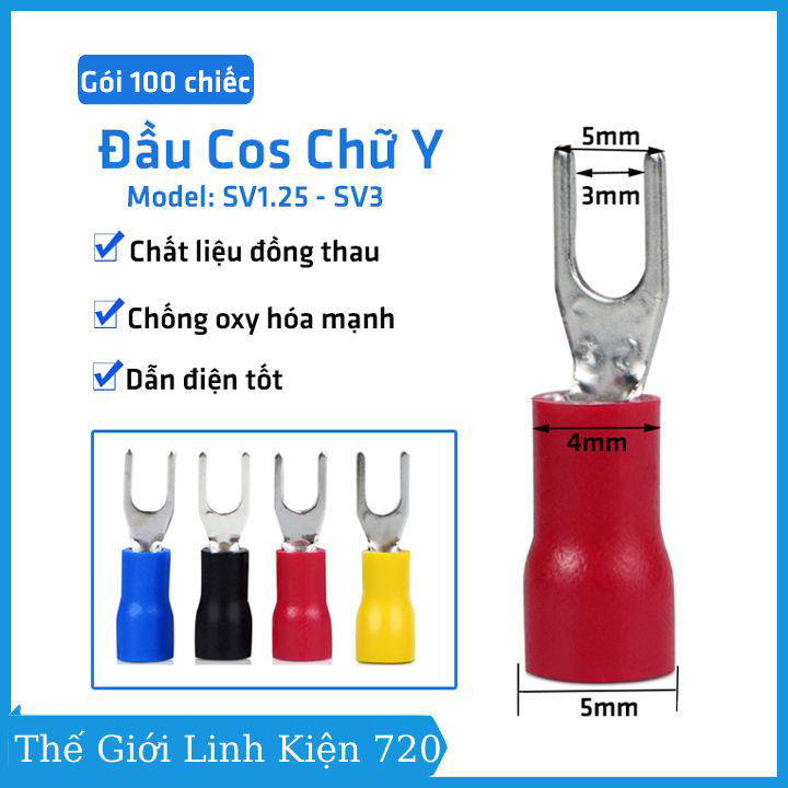 Gói 100 chiếc đầu cos chữ y sv1.25-3, đầu cốt bọc nhựa chịu nhiệt tốt