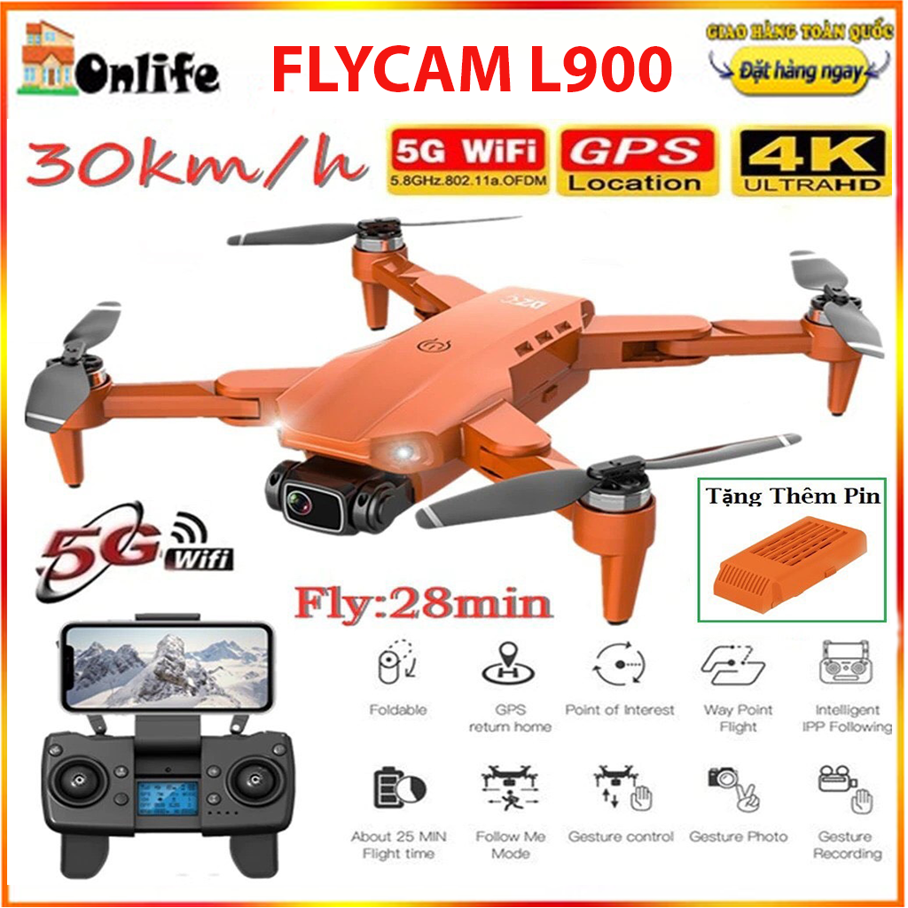 Máy bay điều khiển từ xa có camera 4k, Flycam L900 Pro động cơ không chổi than, Drone camera định vị G P S bay 1000m liên tục -bảo hành 12 tháng .