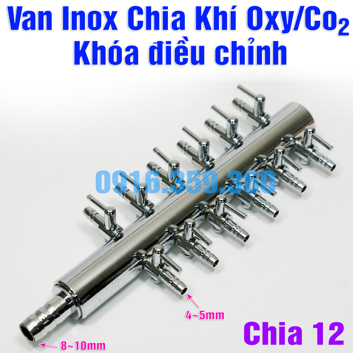 Van inox chia khí oxy/co2 khóa điều chỉnh vòi chia 12