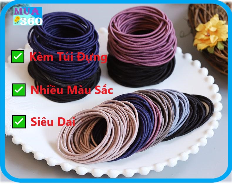 Set 100 dây cột tóc trơn nhiều màu + túi trong suốt xinh xắn - dây chắc bền đẹp Mua360